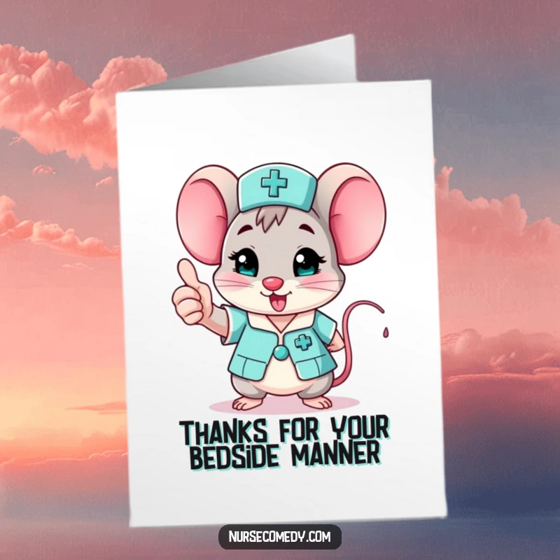 Funny Free Printable Mouse Nurse Card: Grateful character giving a cheerful thumbs up to say thank you.
