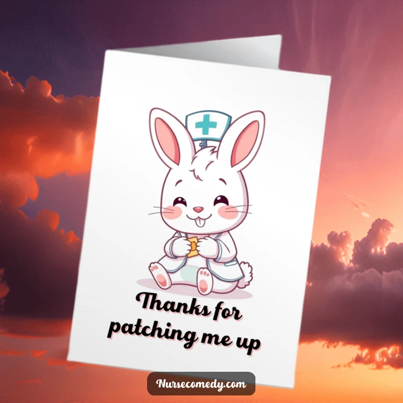 Funny Free Printable Thank You Card: A cheerful bunny nurse lovingly gives a colorful bandage to a tiny, grateful patient.