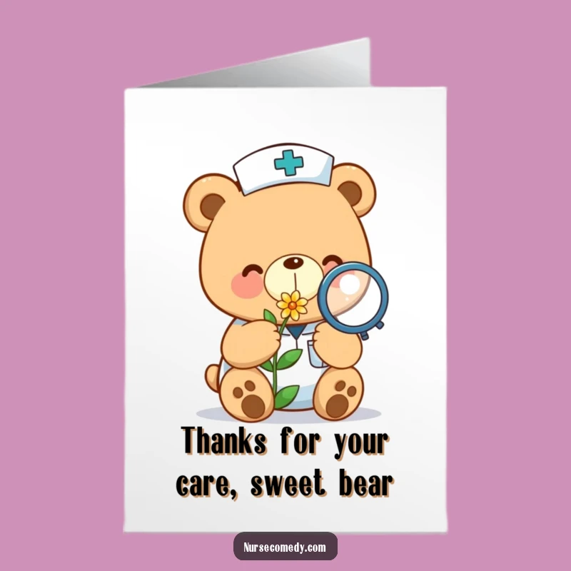 Free Printable Thank You Card: Kawaii Bear Nurse's Flower Thanks, Kind Humorous Downloadable Gift