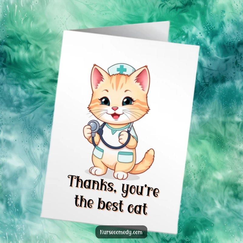 Funny Free Printable Thank You Card: A cute kitten nurse with a smile playfully holds a stethoscope, conveying thanks.