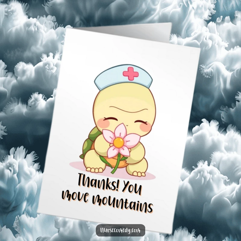 Funny Free Printable Thank You Card: A gentle turtle nurse offers a calming flower, expressing gratitude in a slow, sweet way.