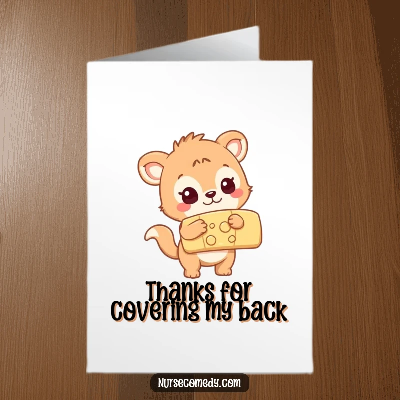 Funny Free Printable Thank You Card: curious animal inspecting a large colorful bandage, a humorous downloadable gift.