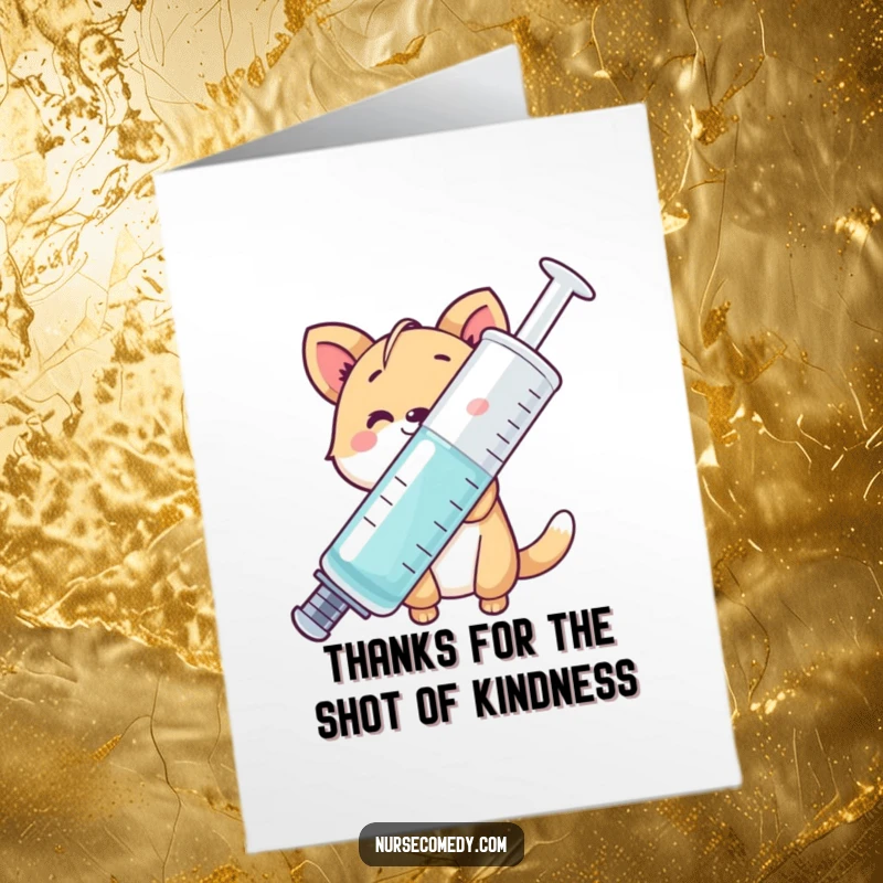 Funny Free Printable Thank You Card with a smiling animal peeking from behind a syringe, a quirky DIY gift.