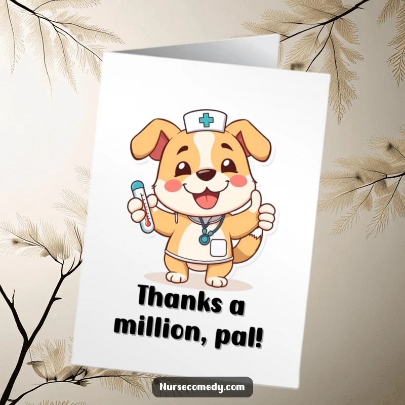 Funny Free Printable Thank You Card: Joyful dog nurse wagging tail, giving a thumbs up with a thermometer for thanks.