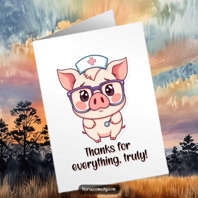 Funny Free Printable Thank You Card: Kawaii pig nurse with huge glasses, looking surprised and grateful for kindness.