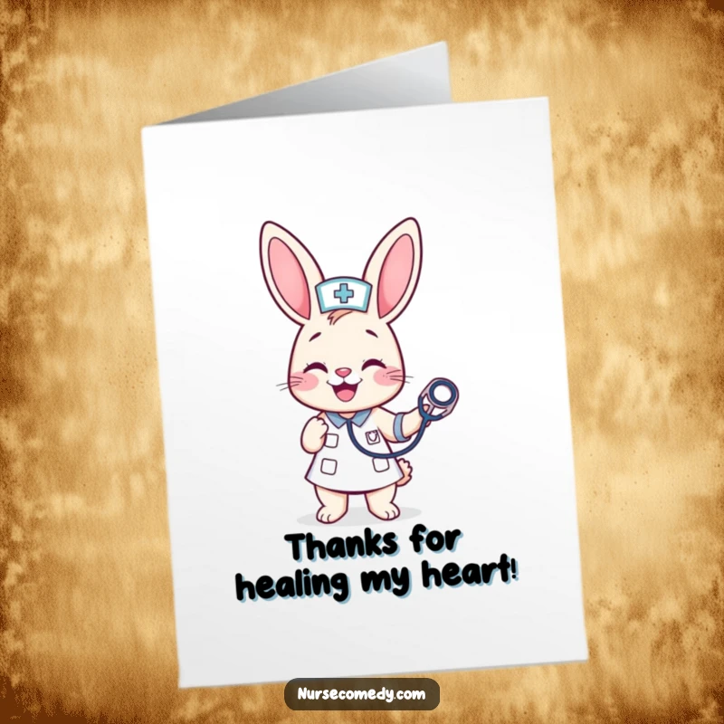 Funny Free Printable Thank You Card: A kawaii bunny nurse with a cheerful grin, merrily bouncing a stethoscope to say thanks.