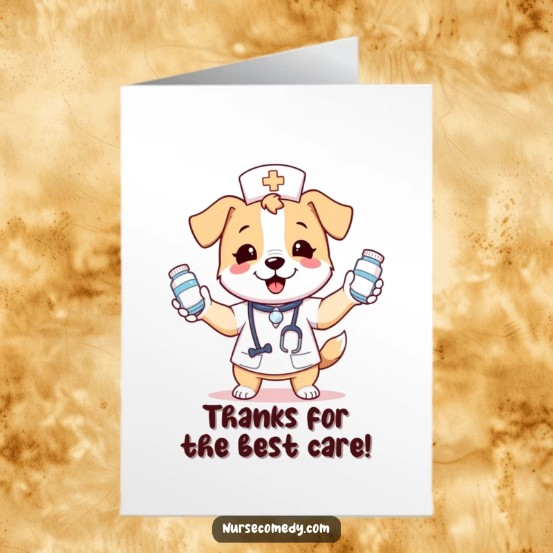 Funny Free Printable Thank You Card: Kawaii dog nurse juggling medicine with a happy look, expressing gratitude.