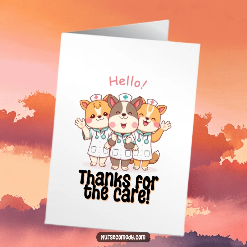 Funny Free Printable Thank You Card featuring a group of friendly animal nurses waving hello, offering a humorous and grateful greeting.