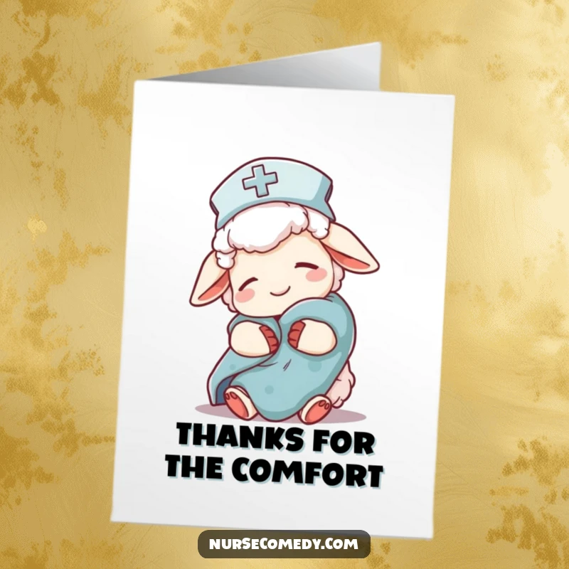 Funny Free Printable Thank You Card: Sleepy sheep nurse wearing a nightcap, holding a comfort blanket, offering warm thanks.
