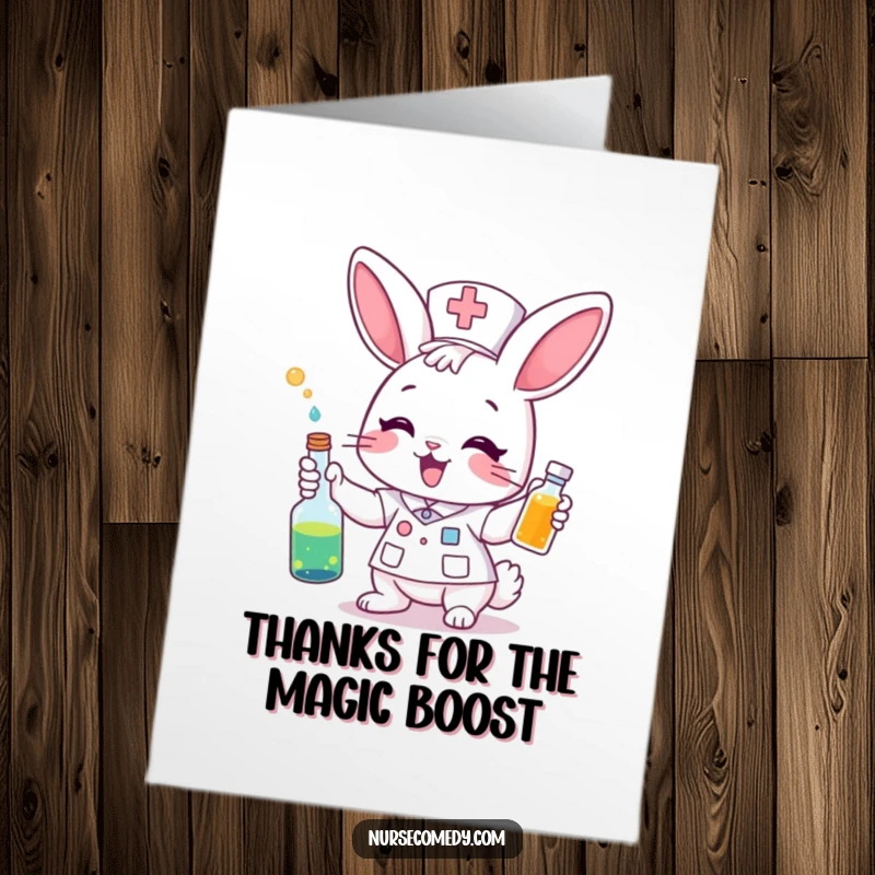 Funny Free Printable Thank You Card: A happy bunny nurse character excitedly offering a vibrant, colorful potion of thanks.