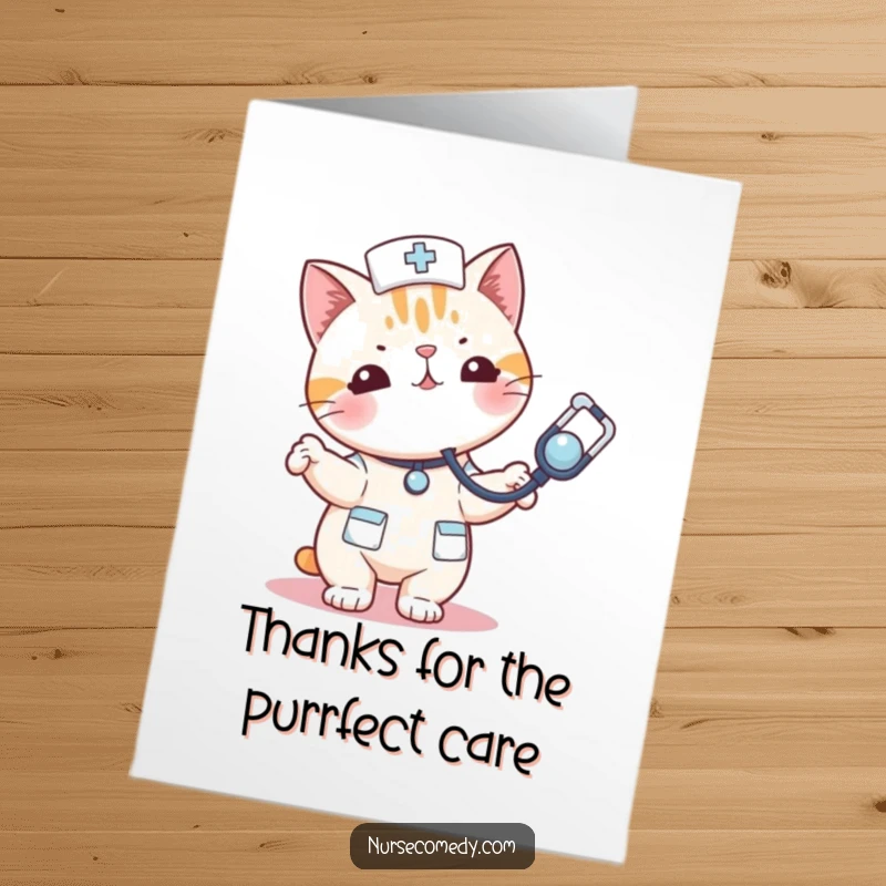 Funny Free Printable Thank You Card: A kawaii cat nurse bouncing a stethoscope like a toy, sending thanks with a playful spirit.