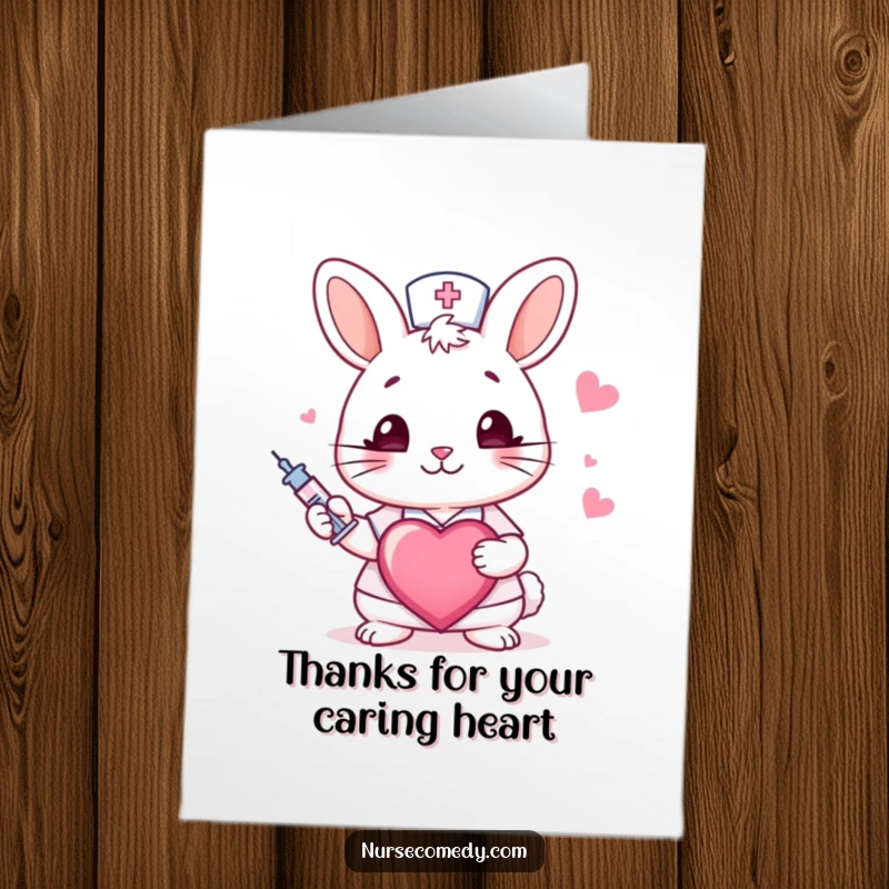 Funny Free Printable Thank You Card: A cute rabbit nurse winks, holding a syringe and heart, expressing gratitude.