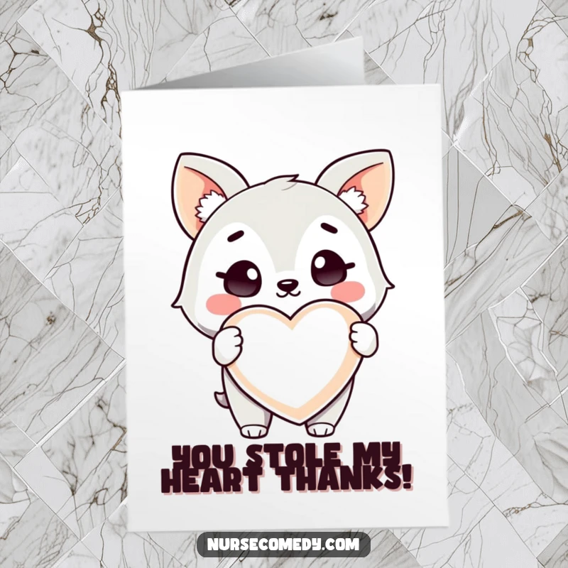 Funny Free Printable Thank You Card: A winking Kawaii animal holds a giant heart pill, offering a sweet thank you.