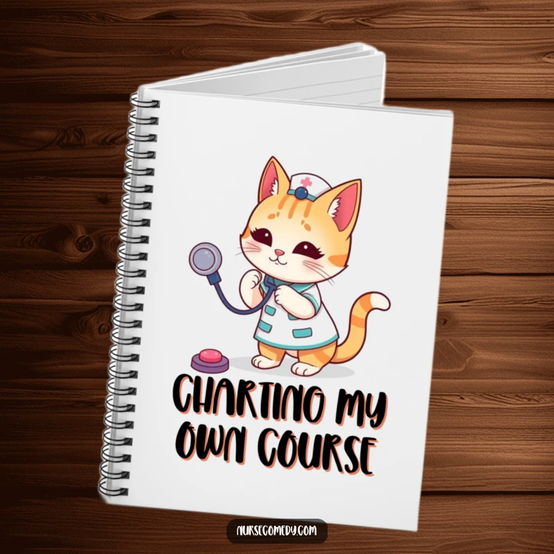 Funny Cat Nurse Notebook featuring a delightful cat character in nurse uniform, playfully bouncing a stethoscope, for jotting down notes with humor.