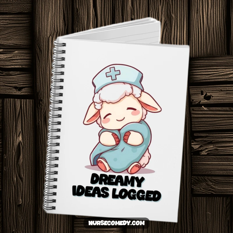 Funny sheep nurse character on a notebook cover, nightcap, comfort blanket, a delightful and useful stationery item.
