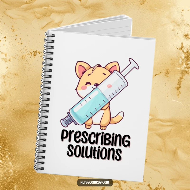 Funny animal character peeking from behind a giant syringe, lined notebook, great for journaling.