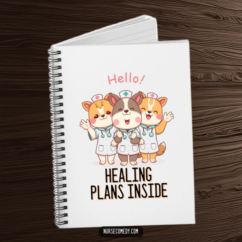 Funny animal nurse characters waving hello on the cover of a notebook, inspiring cheerful note-taking.