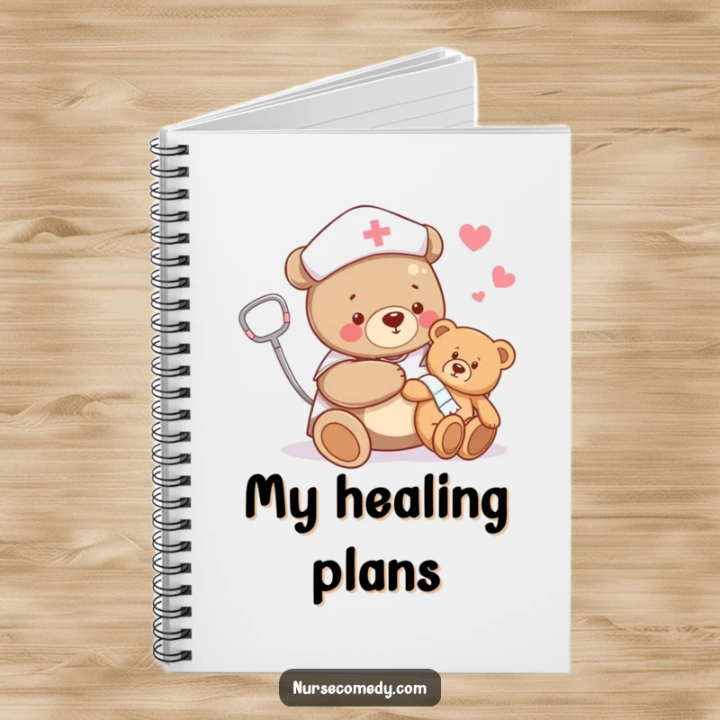 Funny bear nurse notebook with a bear bandaging a teddy bear's limb, inspiring thoughtful notes with a touch of gentle humor.