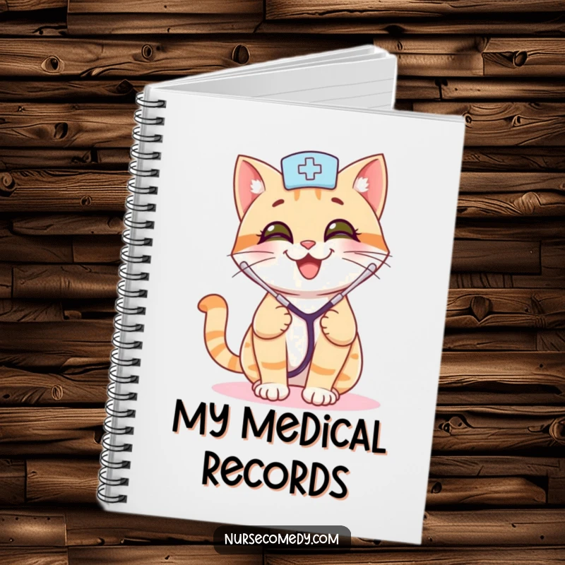 Funny cat nurse notebook with a smiling cat, stethoscope, and playful bounce, inspiring thoughtful notes with a touch of medical humor.