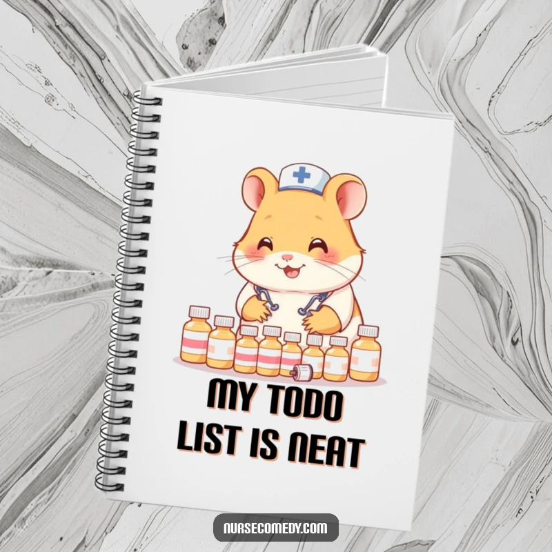 Funny Hamster Nurse Notebook: Cute hamster doctor writing notes and organizing tiny bottles, promoting structured thoughts.