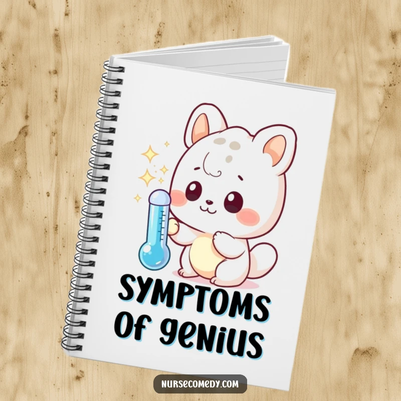 Funny notebook adorned with a curious kawaii animal character inspecting a sparkling thermometer, perfect for jotting down humorous notes.