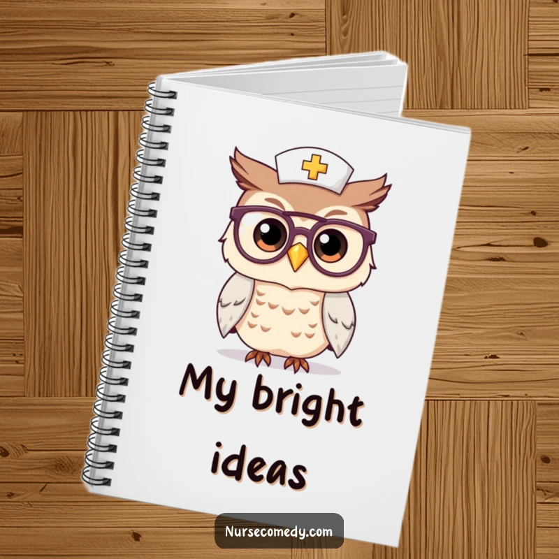 Funny Kawaii Owl Nurse Notebook: A wise owl nurse character wearing glasses smiles, ready for storing notes and ideas with charming intellect.