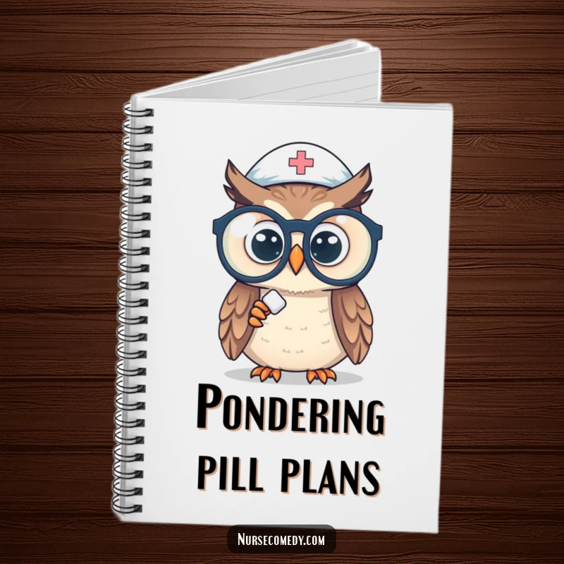 Funny owl nurse notebook featuring a curious owl nurse peering through spectacles at a pill, ideal for taking notes and ideas.