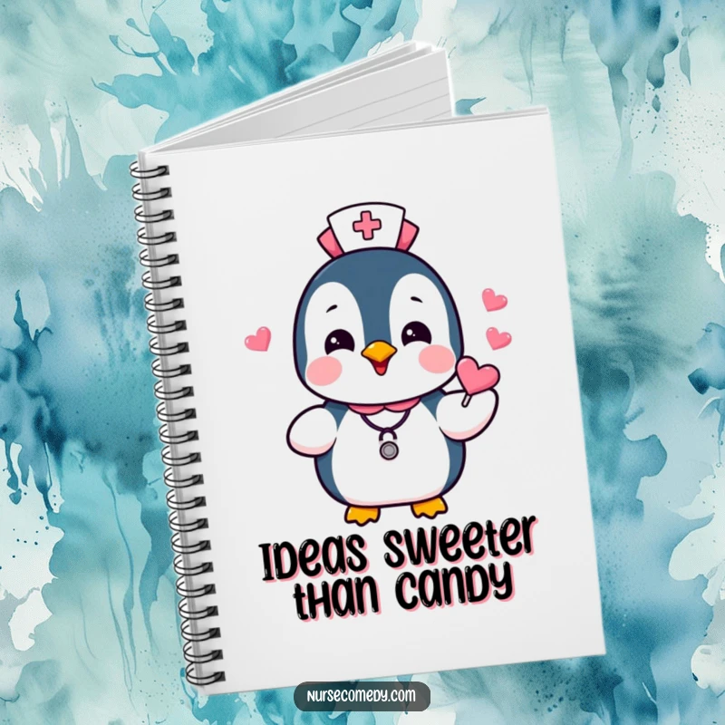 Funny Penguin Nurse Notebook with a joyful penguin character in nurse attire, offering heart candies, ideal for writing with a sweet and humorous flair.