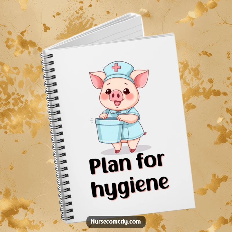 Funny notebook with a pig nurse character holding a tiny bedpan and waving, ideal for note-taking.