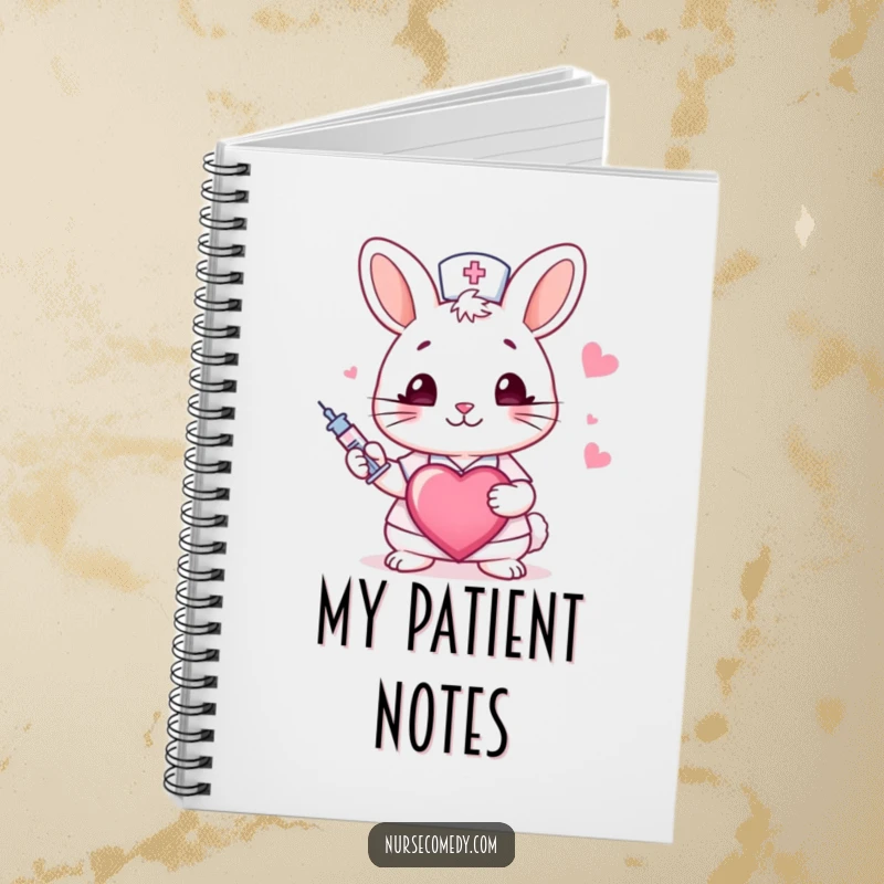 Funny rabbit nurse notebook with a winking bunny, syringe, and heart, inspiring thoughtful notes with a touch of medical humor.