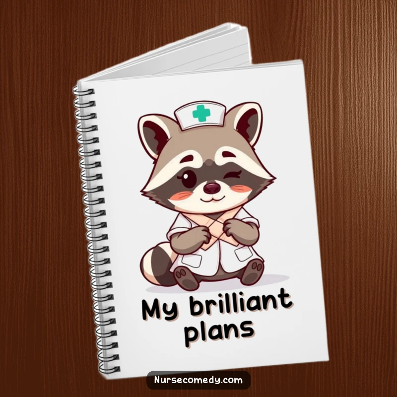 Funny raccoon nurse character expertly tying a bandage with a wink on a notebook, perfect for note-taking and gifting.