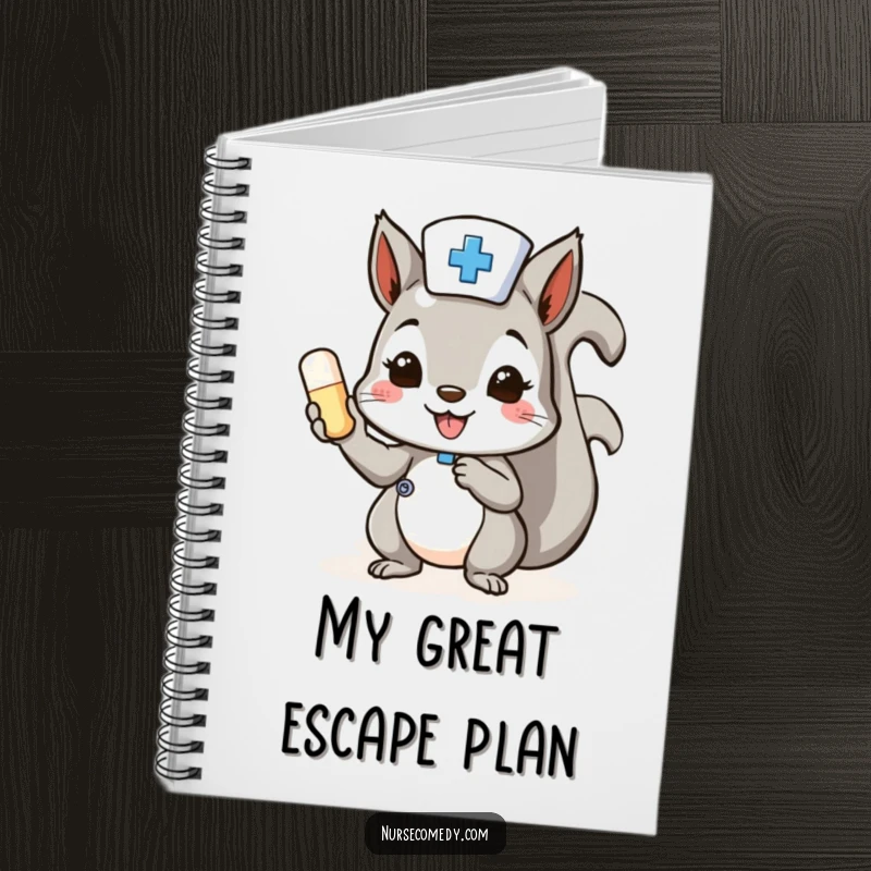 Funny Squirrel Nurse Notebook with a cheerful squirrel offering a pill, great for medical notes.