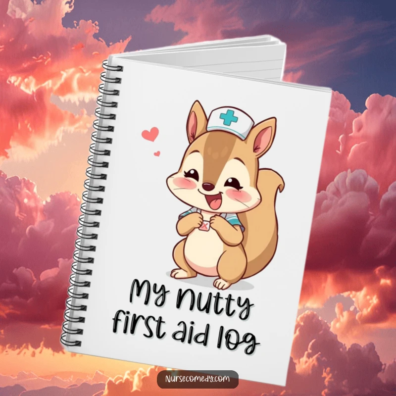 Funny squirrel nurse character applying a bandage to a tiny boo-boo on a notebook cover.