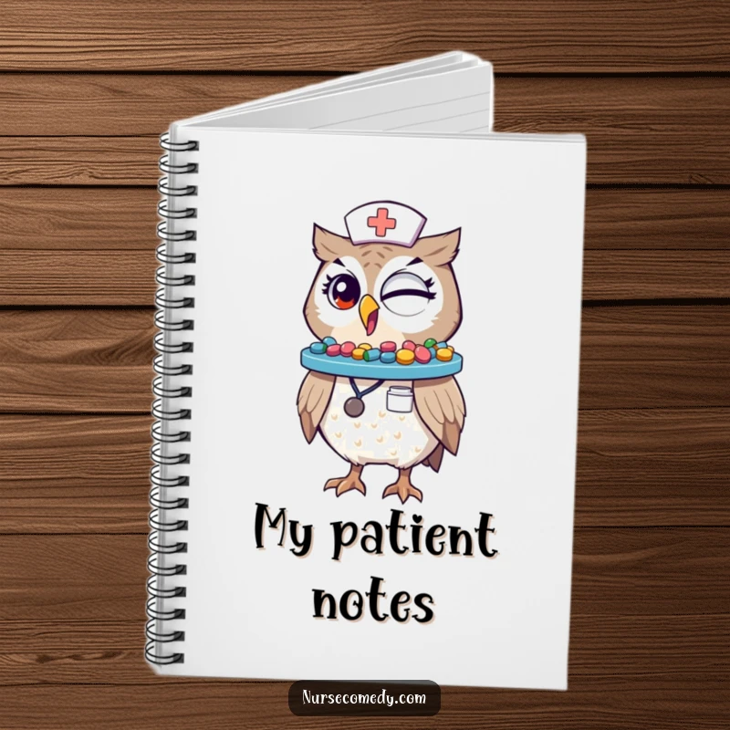 Funny Winking Owl Nurse Notebook: A cute owl nurse character winks while balancing a tray of colorful pills on its beak, ready for notes.