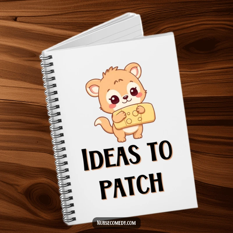 Funny curious animal character examining a large colorful bandage, lined notebook, great for writing and drawing.