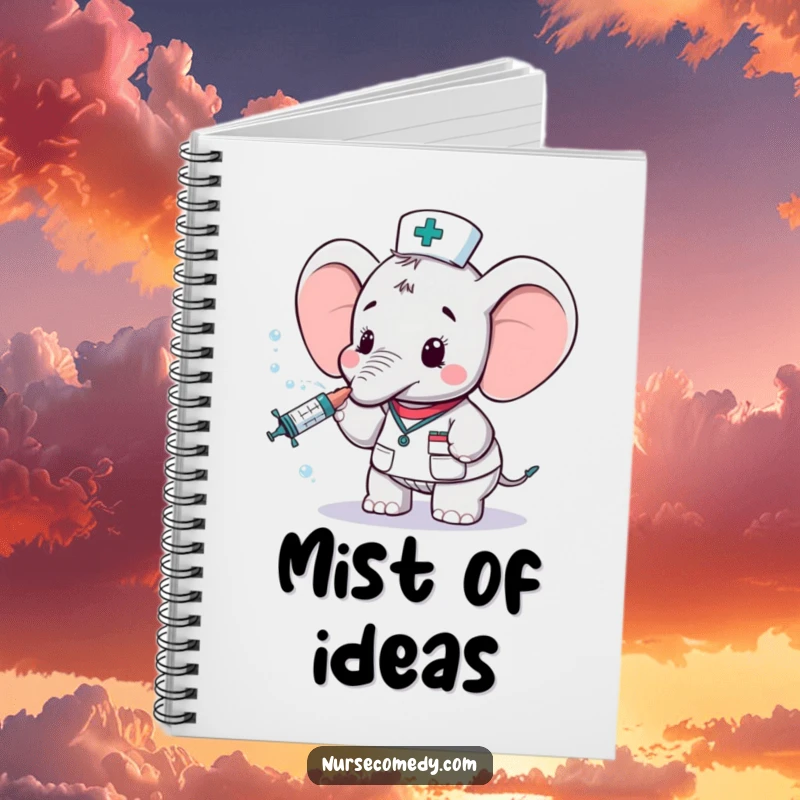 Funny elephant nurse character on a notebook cover, holding a syringe and spraying water, a delightful and useful stationery item.