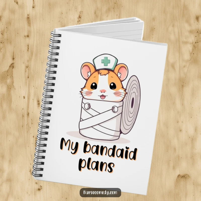 Funny Hamster Nurse Notebook with a curious hamster nurse peeking from behind a bandage roll, perfect for note-taking.