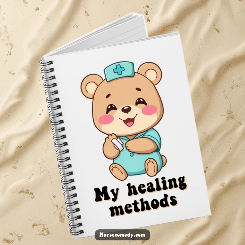 Funny bear nurse notebook, a happy character comically bandaging a small paw with a big smile, great for writing, funny gift.
