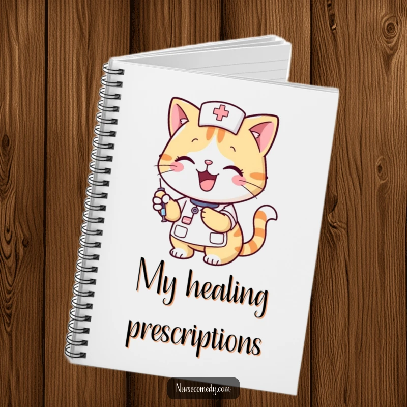 Funny cat nurse holding a syringe on a notebook cover, perfect for jotting down medical notes or funny ideas with a smile.