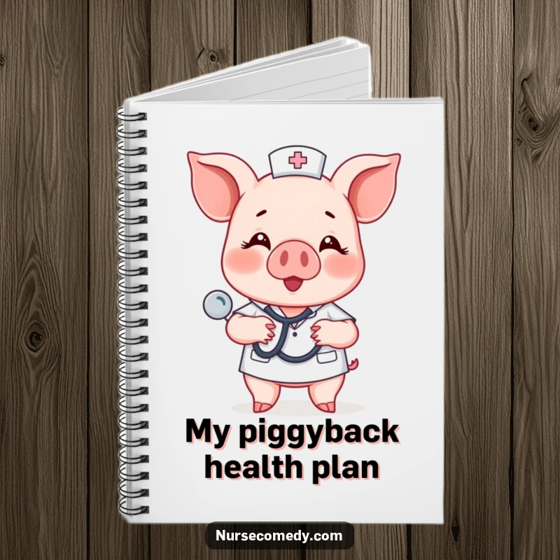 Funny piglet nurse character tapping a stethoscope on a chest on a notebook cover.
