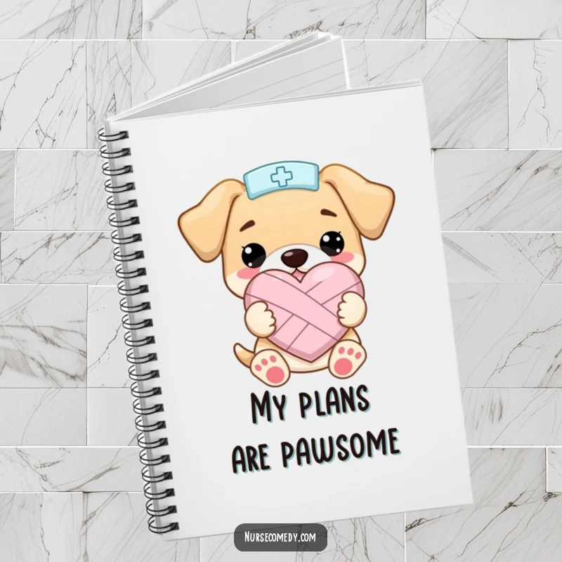 Funny Kawaii Puppy Nurse NotebookHolding a Bandaged Heart Shape Happily, Ideal for Notes, Funny Gift