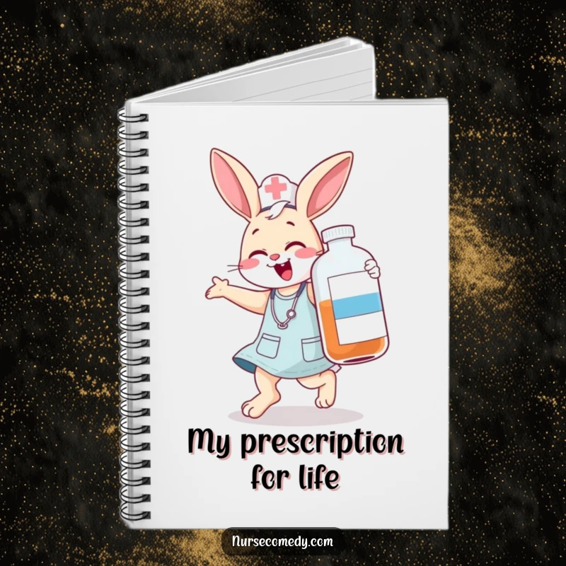 Funny bunny nurse notebook, a jumping character comically giggling with a large medicine bottle, great for writing, funny gift.