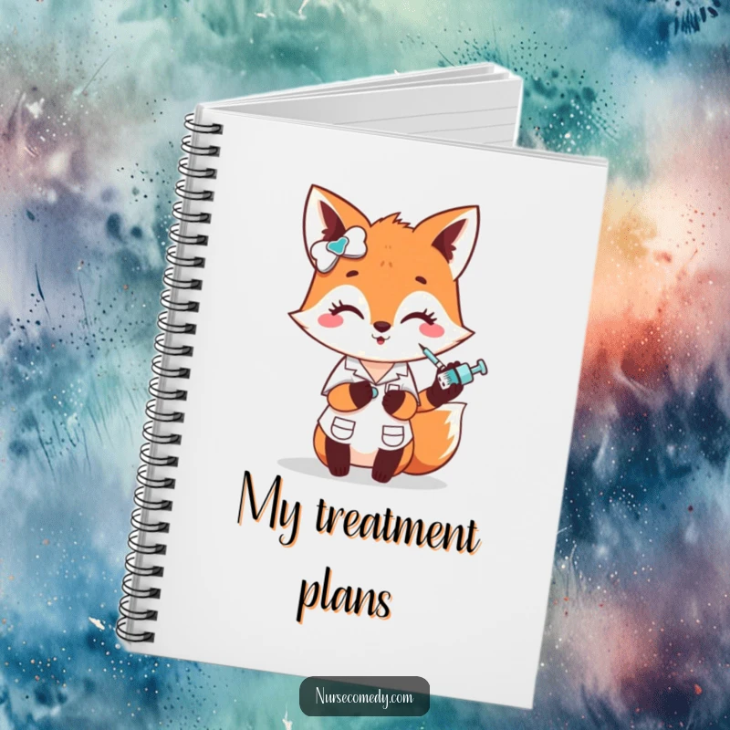 Funny fox nurse notebook, a cute character comically giving a small poke with a tiny syringe, great for writing, funny gift.