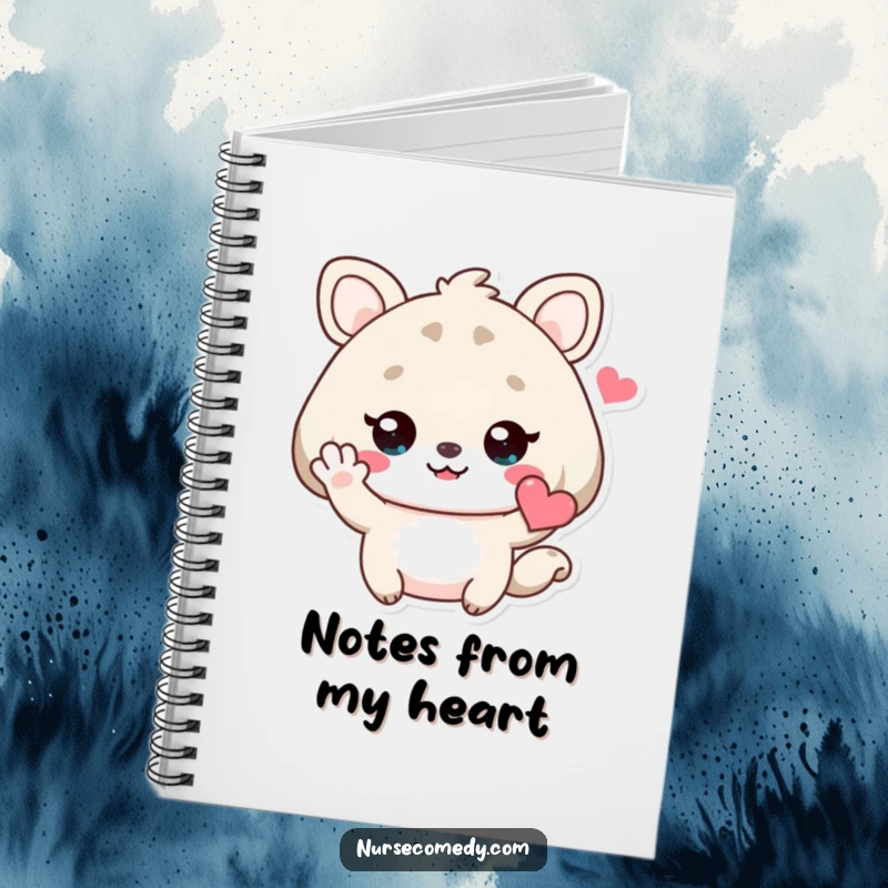 Funny Kawaii Animal Notebook showcasing a cute character giving a heart-filled wave, perfect for jotting down friendly thoughts.