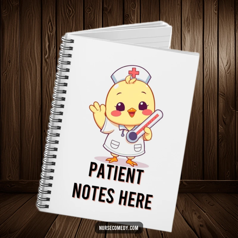 Funny Kawaii chick nurse character with a thermometer on the cover of a lined notebook.