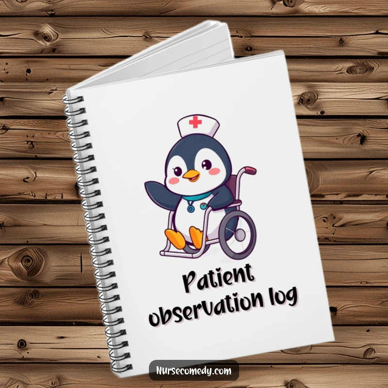Funny Penguin Nurse Notebook with a cheerful penguin nurse sliding in a wheelchair, perfect for note-taking.