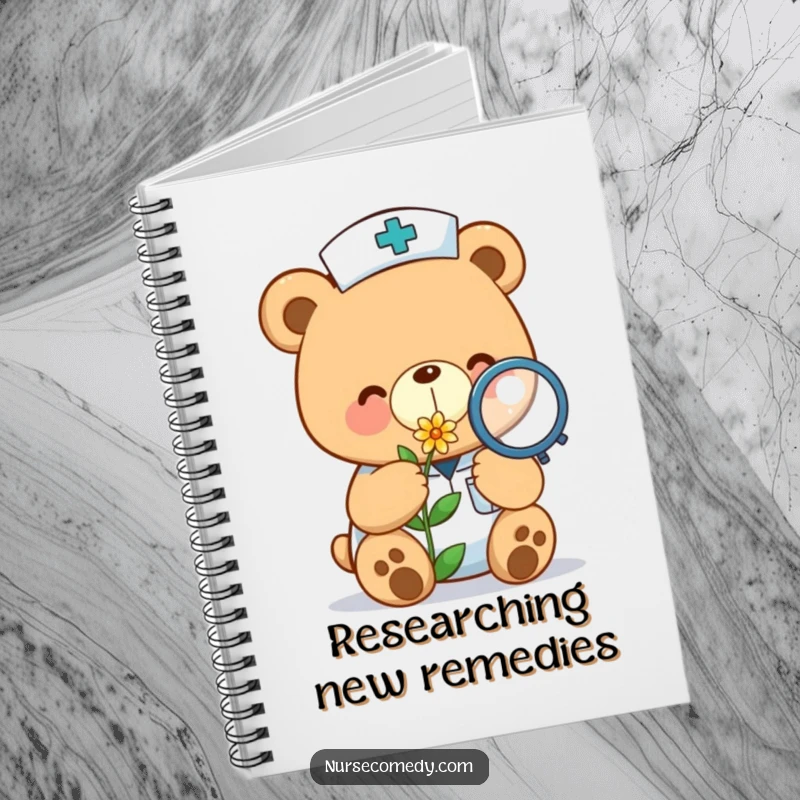 Funny kawaii bear nurse notebook inspecting a tiny flower with a magnifying glass, inspiring gentle note-taking.