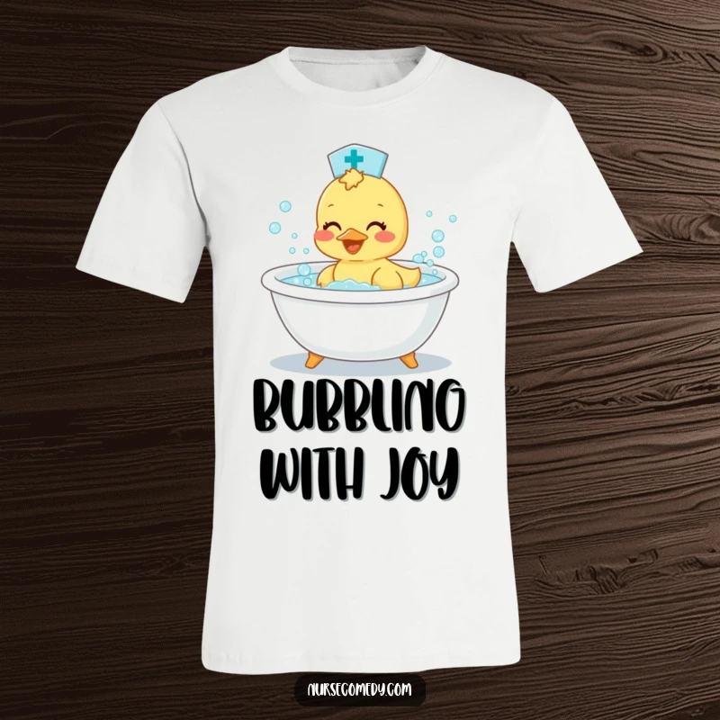 Funny Duckling Nurse T-Shirt: Cute baby duck doctor joyfully splashing in a bubble bath, radiating happiness.