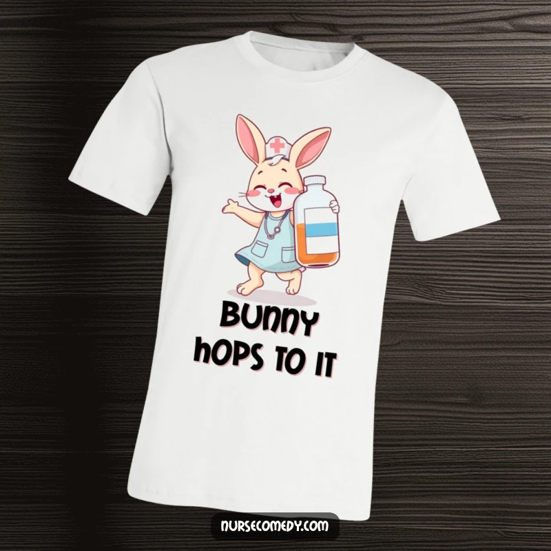 Funny bunny nurse t-shirt, a jumping character comically giggling with a large medicine bottle, ideal funny gift.