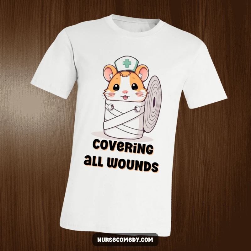 Funny Hamster Nurse T-Shirt with a curious hamster nurse peeking from behind a large bandage roll, designed for smiles.
